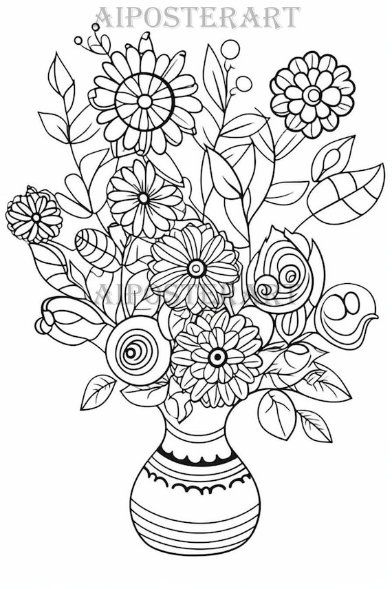 Vase of flowers coloring page for kids and adults printable flowers coloring sheet advanced coloring high resolution x pixels