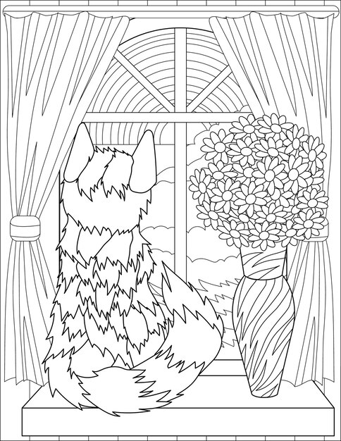 Premium vector coloring book page with sitting fluffy cat looking through window with curtains next to vase sheet to be colored with kitty staring outside beside flowers