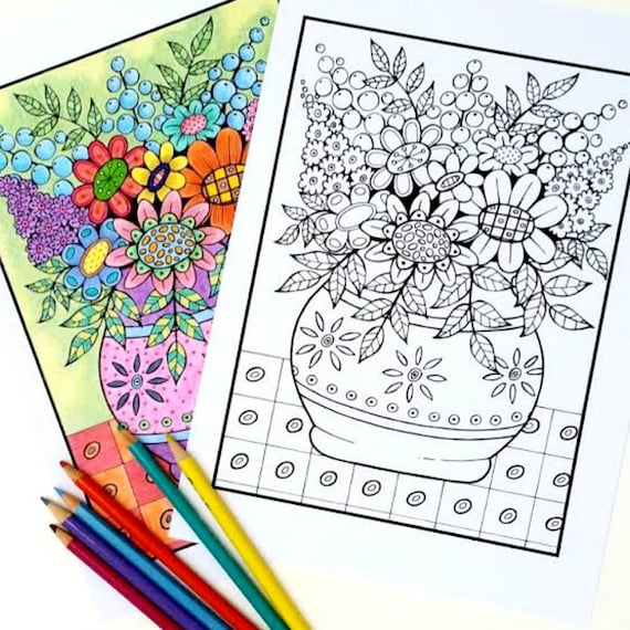 Flower vase adult coloring book page diy printable hand drawn illustration instant download adult coloring sheet art therapy