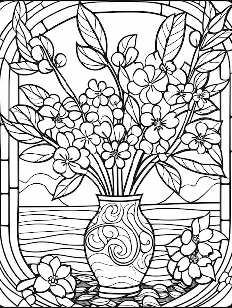 Premium ai image a coloring page with a vase of flowers in it generative ai