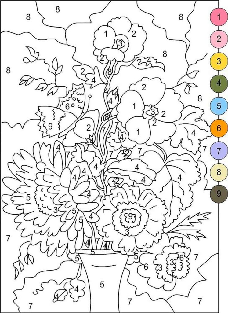 Color by numbers with a flower vase coloring page