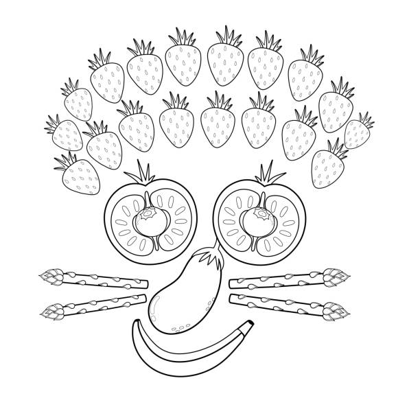 Black and white funny smiling fruit and vegetable face funny food coloring page stock illustration