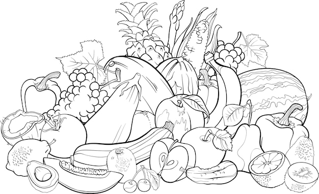 Premium vector fruits and vegetables for coloring book