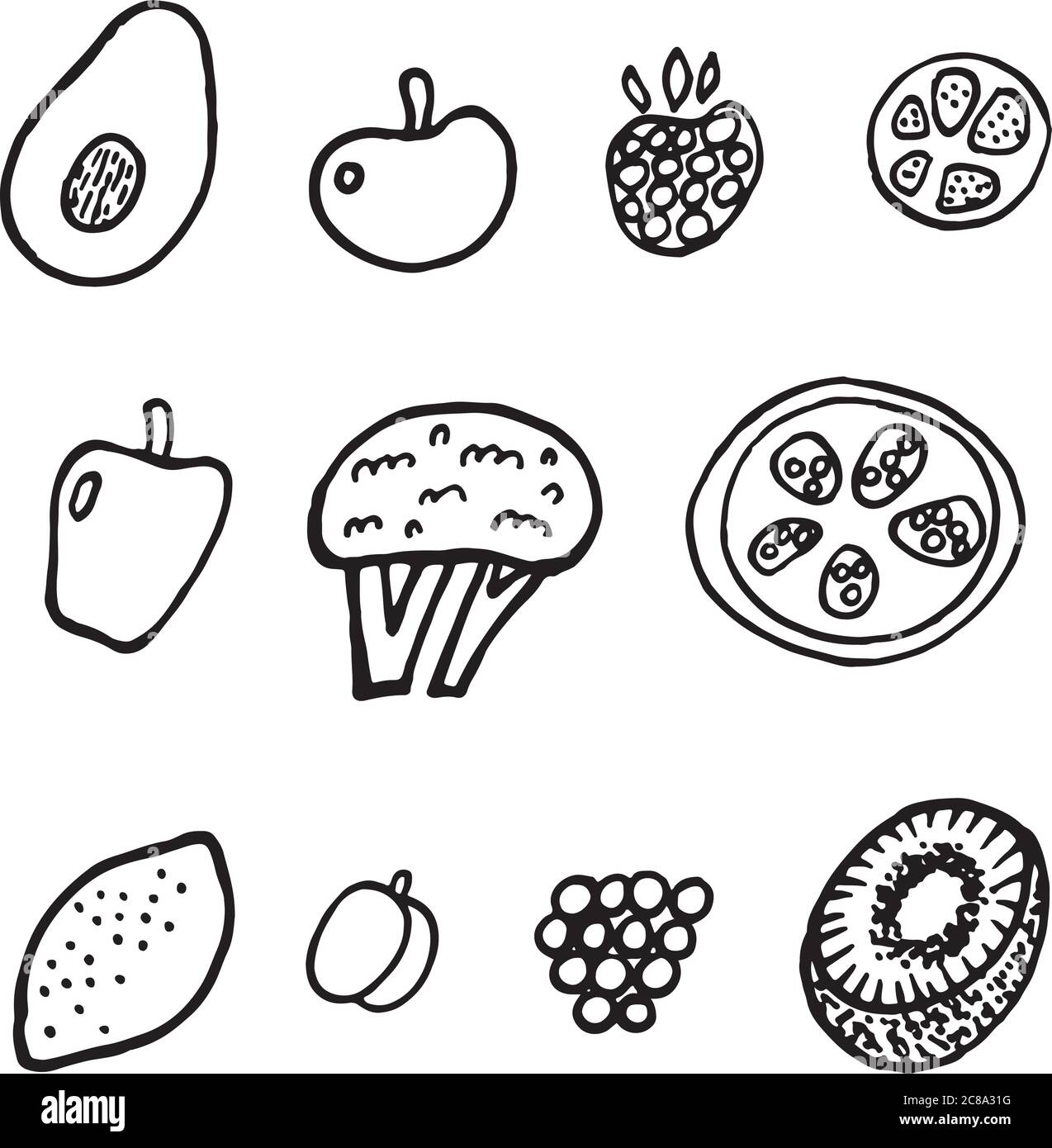 Fruit and vegetable collection for coloring page and book for adult or chirdren vector hand drawn isolated art for design print textile and fabric stock vector image art