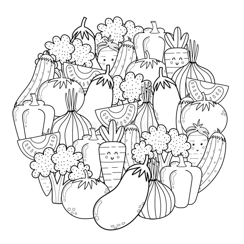 Circle shape coloring page with doodle vegetables eco food black and white print for coloring book stock vector