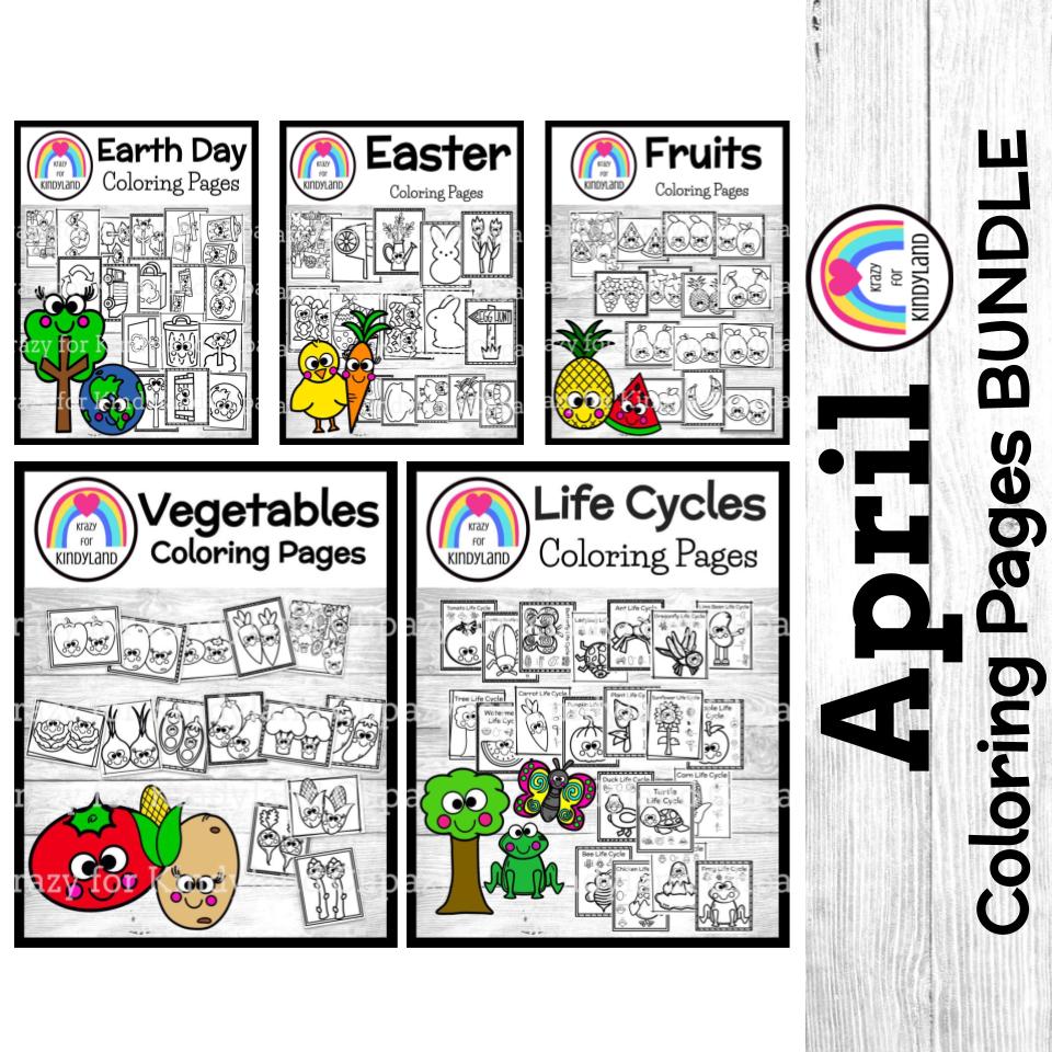 April coloring pages bundle fruit vegetable plant parts easter earth day life cycles