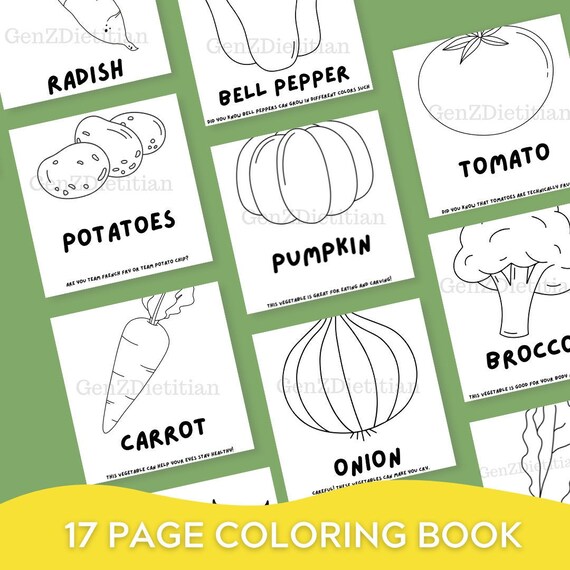 Childrens vegetable coloring book kids coloring activity printable coloring pages instant download