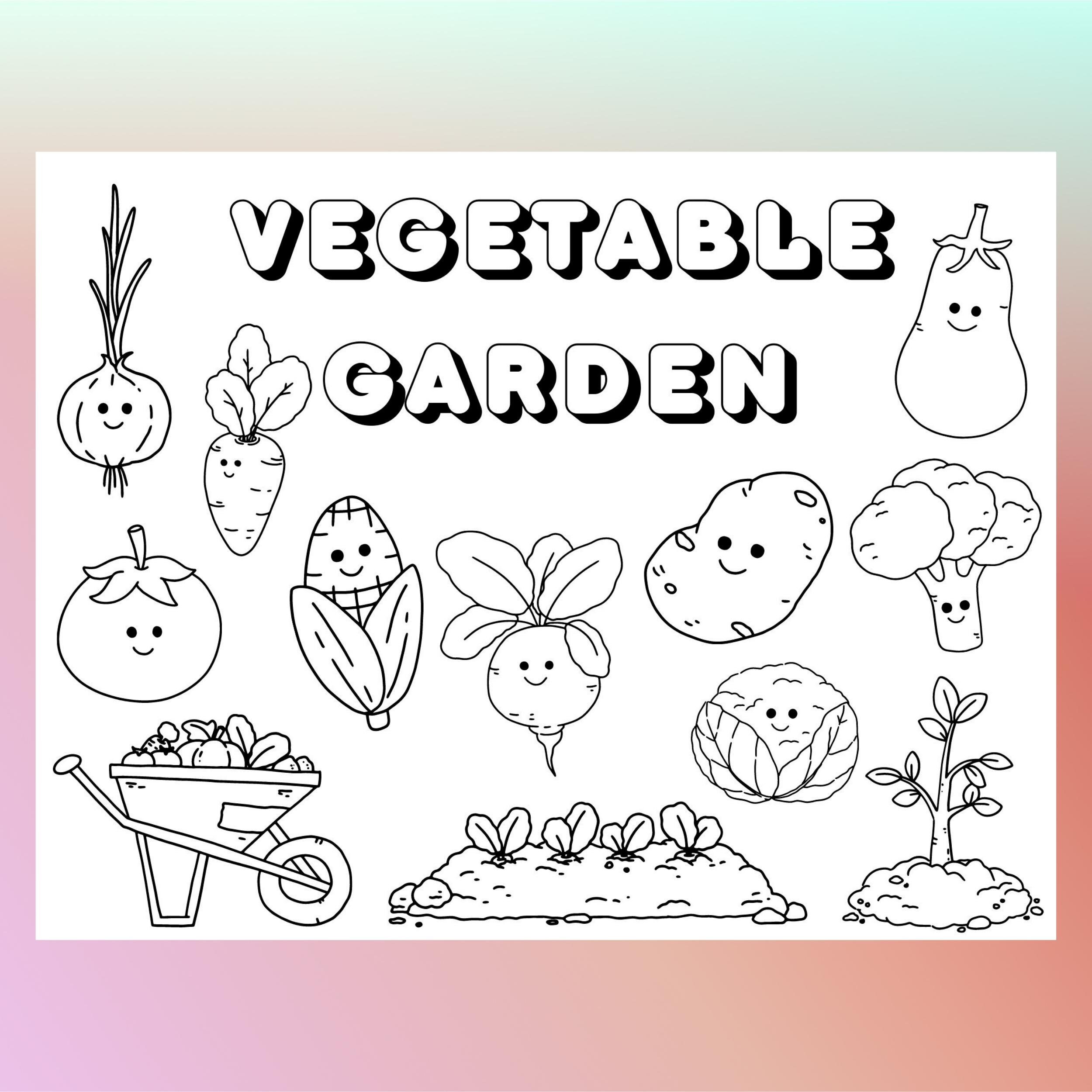 Printable vegetable garden coloring placemat for kids