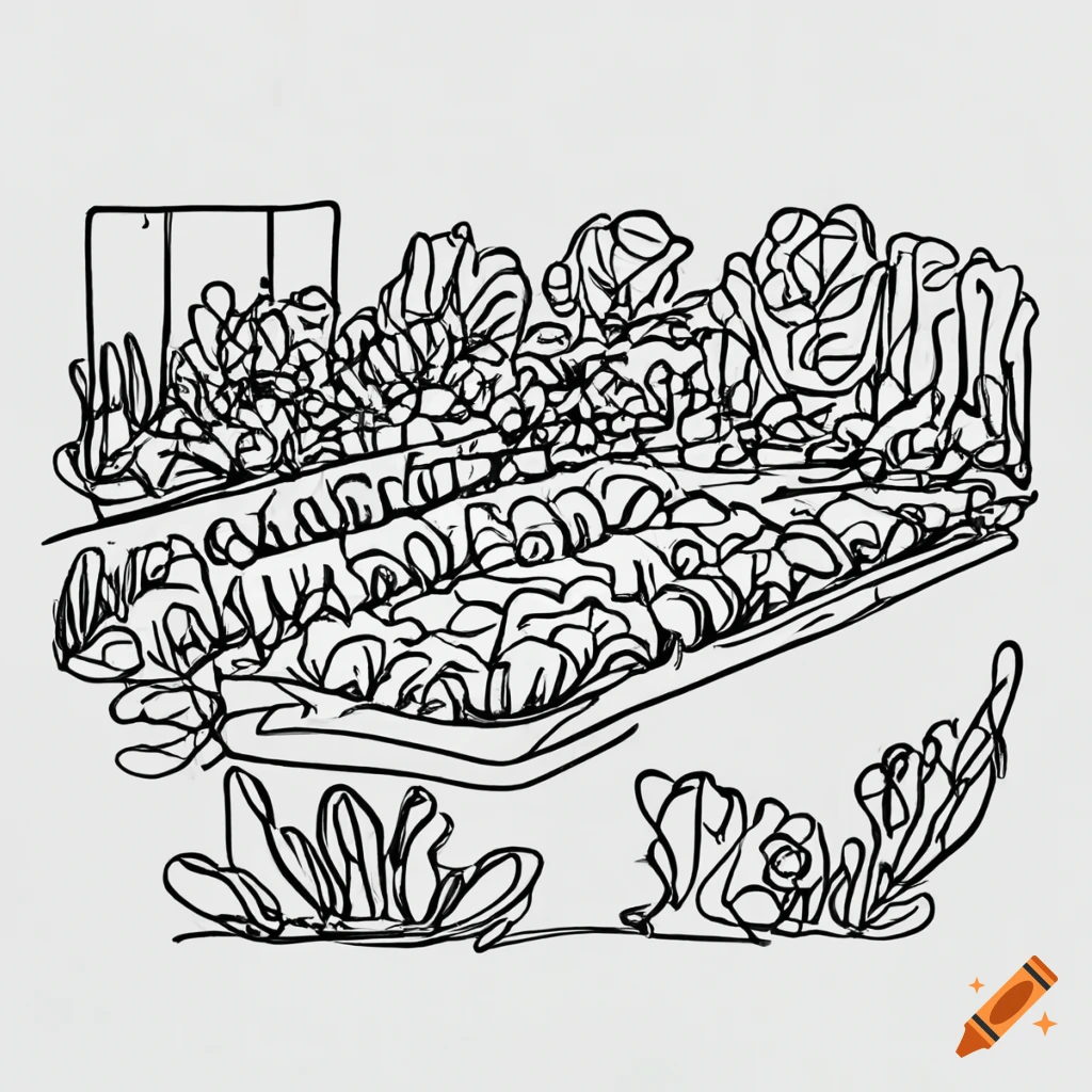 One line drawing of a big industrial size vegetable garden black and white on