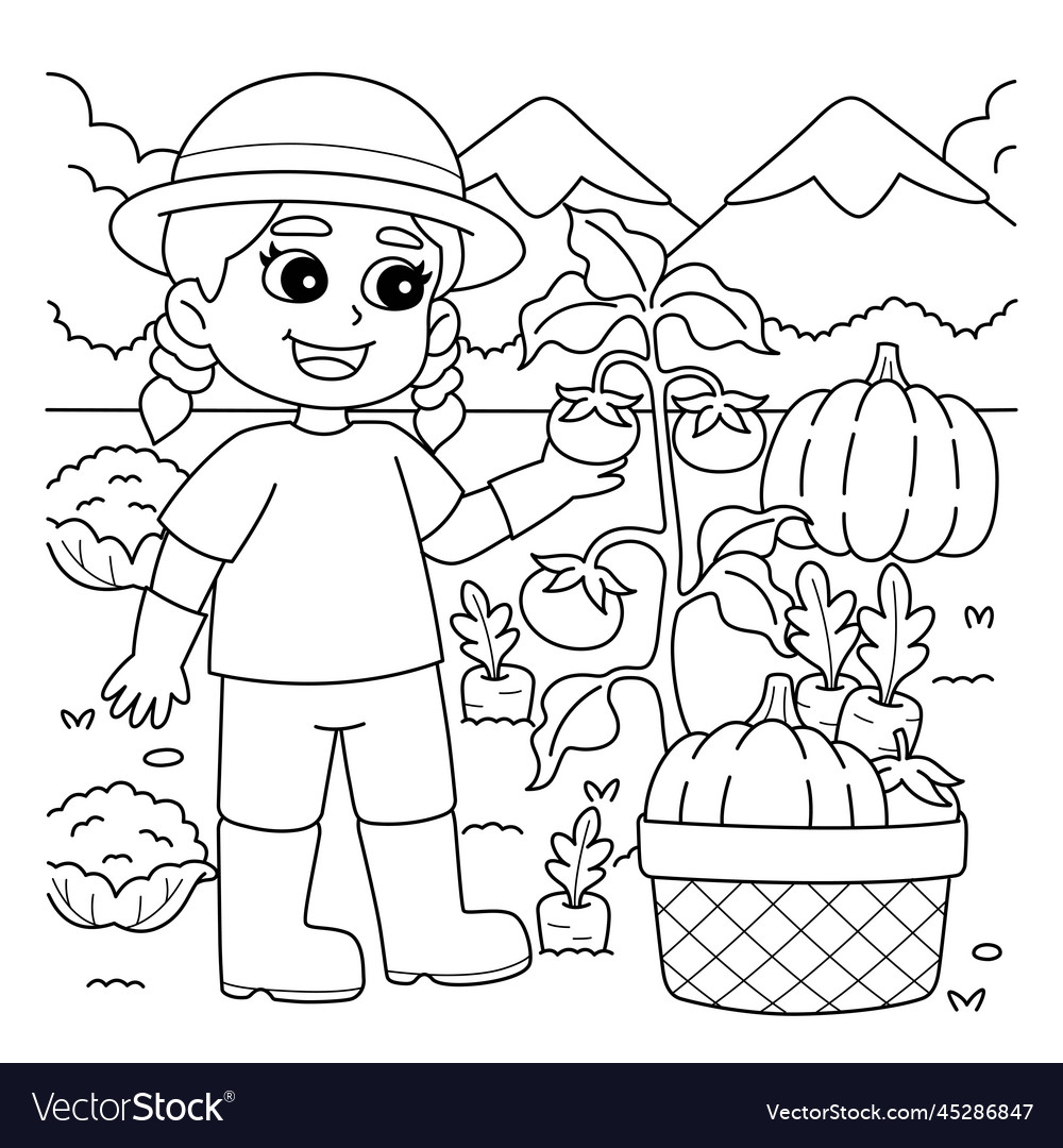 Girl planting vegetables coloring page for kids vector image