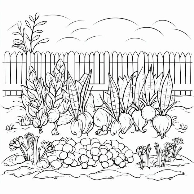 Premium ai image a coloring page of a garden with a fence and flowers generative ai