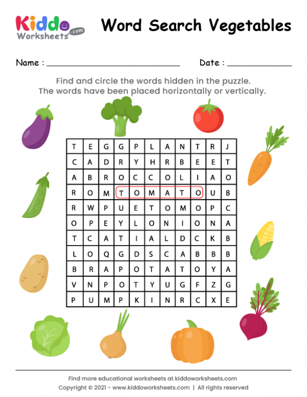 Free printable word search vegetables worksheet