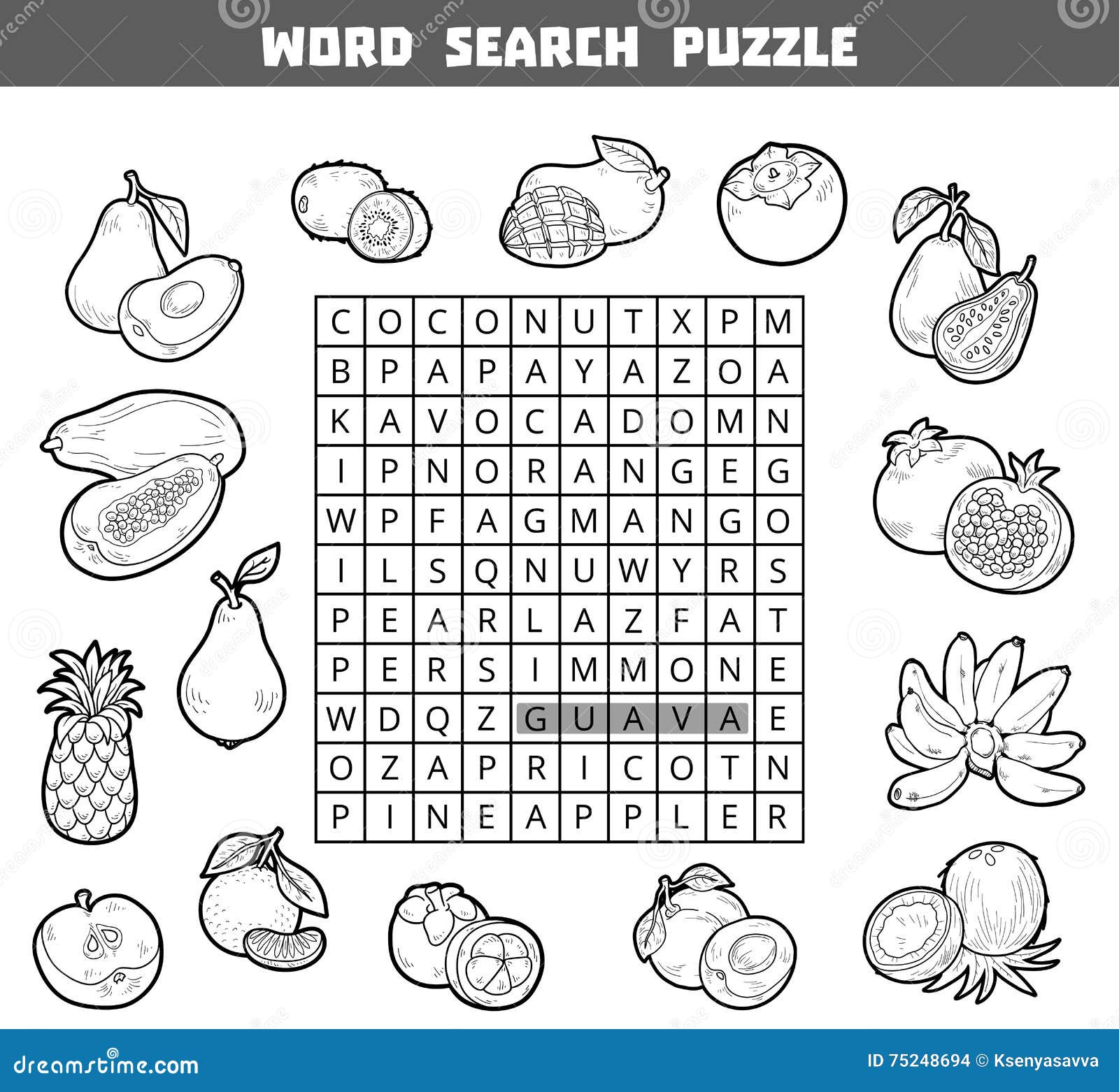 Vector colorless crossword about fruits word search puzzle stock vector