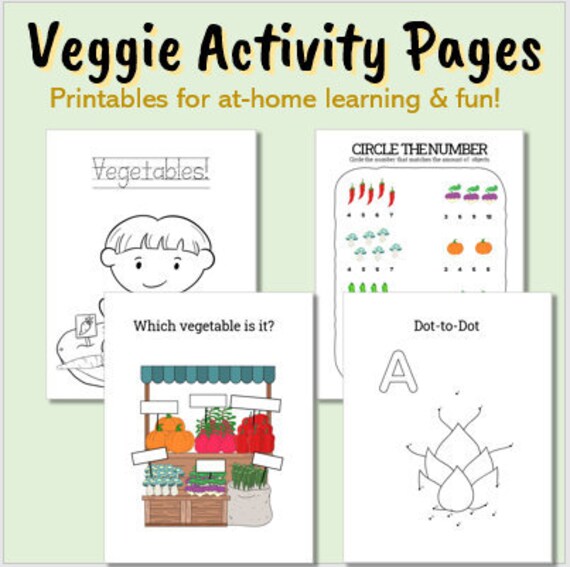 Veggie fun activity pages with familiar and unfamiliar