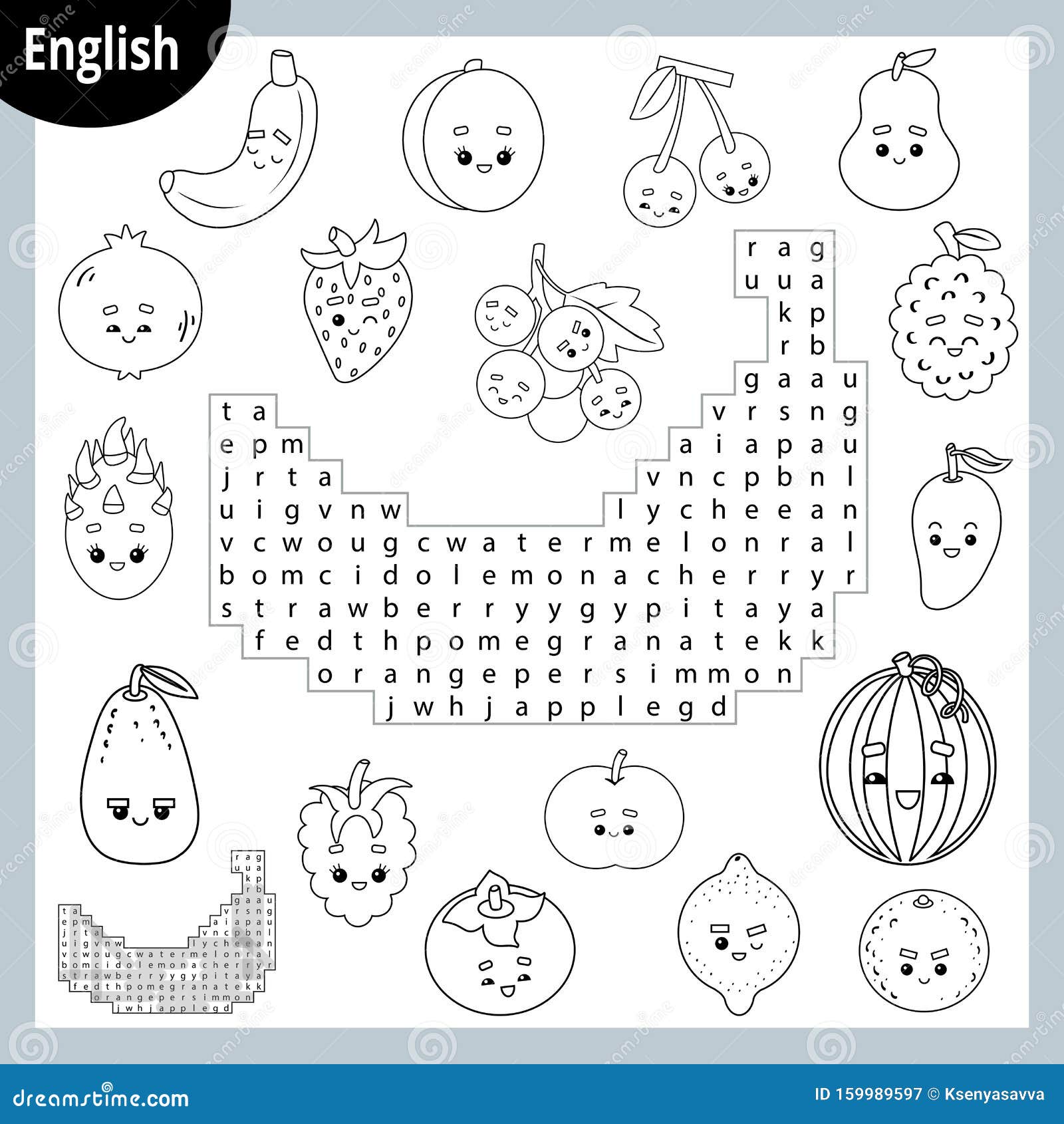 Word search puzzle cartoon set of fruits and berries education game for children stock vector