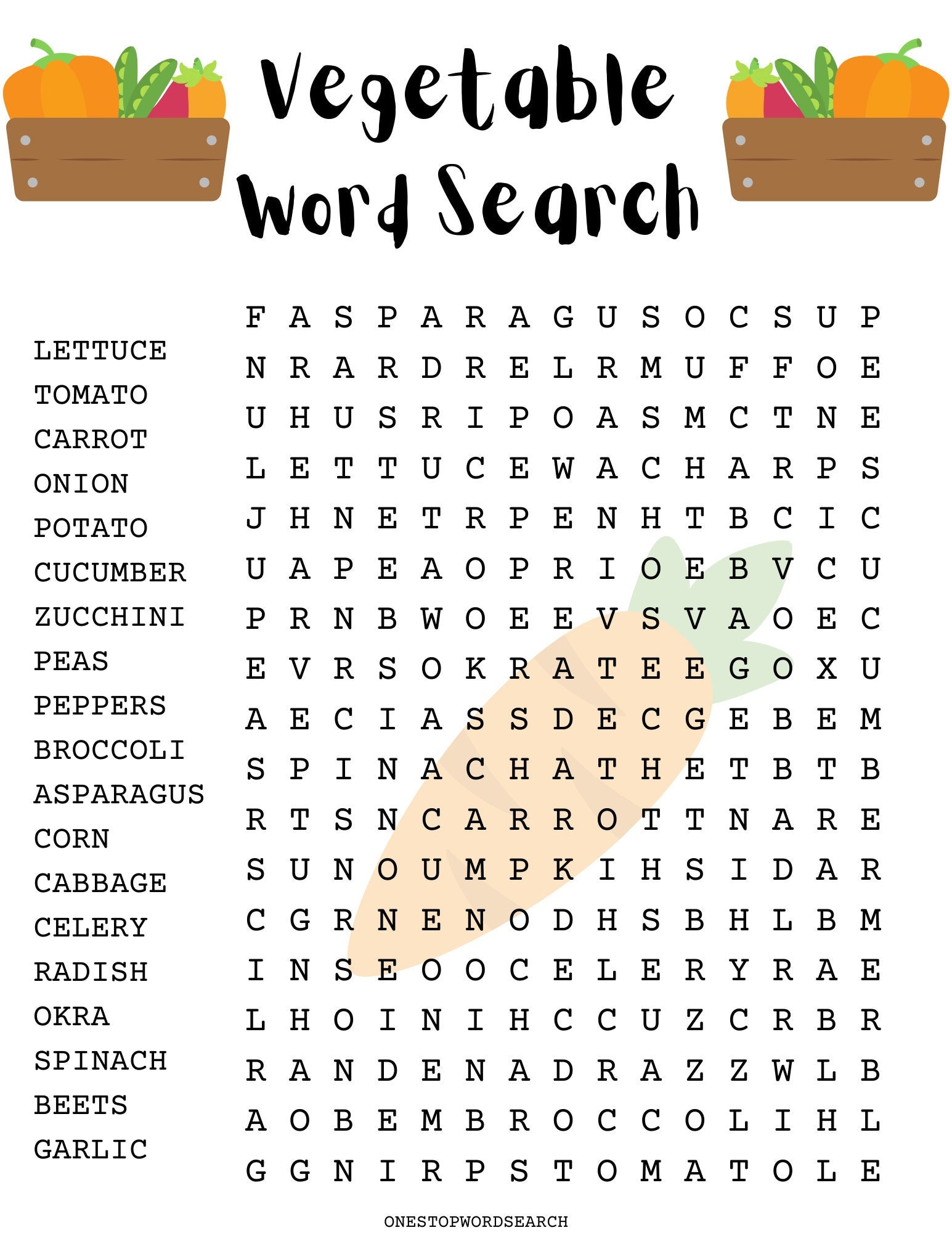 Vegetable word search puzzle with answer sheet family activities childrens puzzles