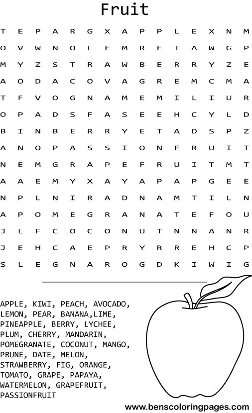 Fruits word search coloring page