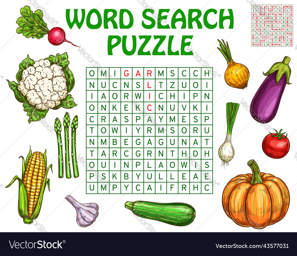 Word search puzzle worksheet with sketch veggies vector image