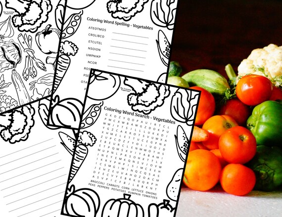 Vegetables printable page bundle coloring word search activity sheets coloring sheets coloring pages puzzles word searches