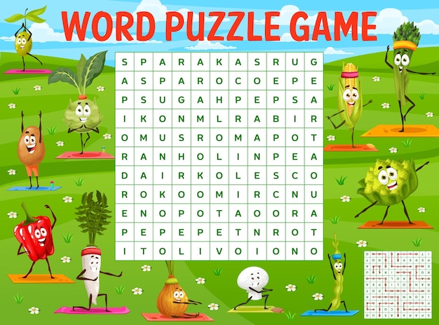 Premium vector cartoon vegetables in yoga poses word search game