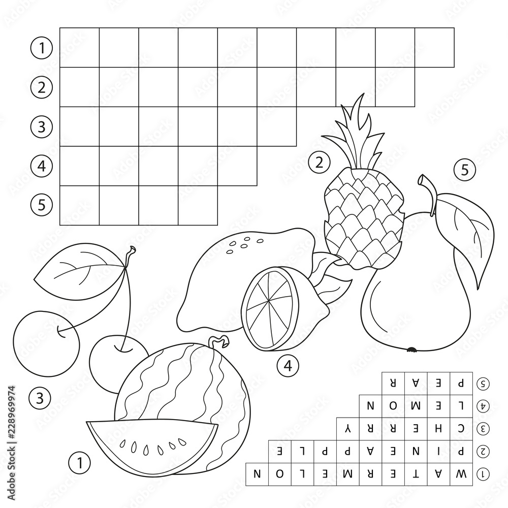 Crossword puzzle game with fruits educational page for children for study english words vector cartoon image and coloring book vector