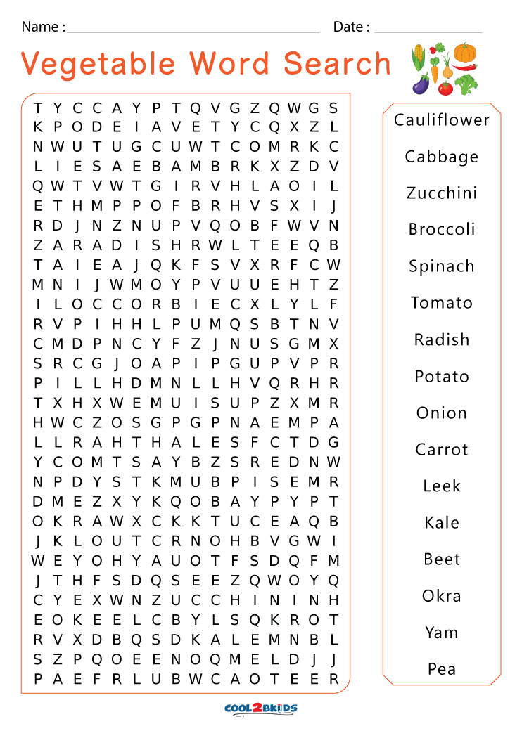 Printable vegetable word search