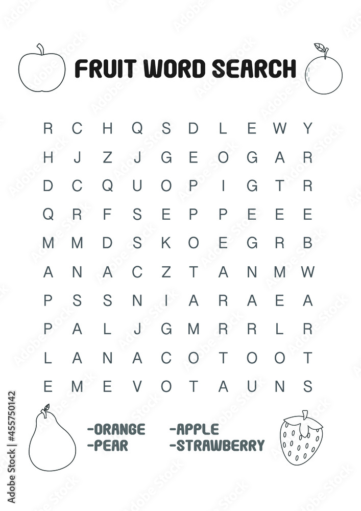 Word search fruits early learning kindergarten worksheets workbook coloring pages vector