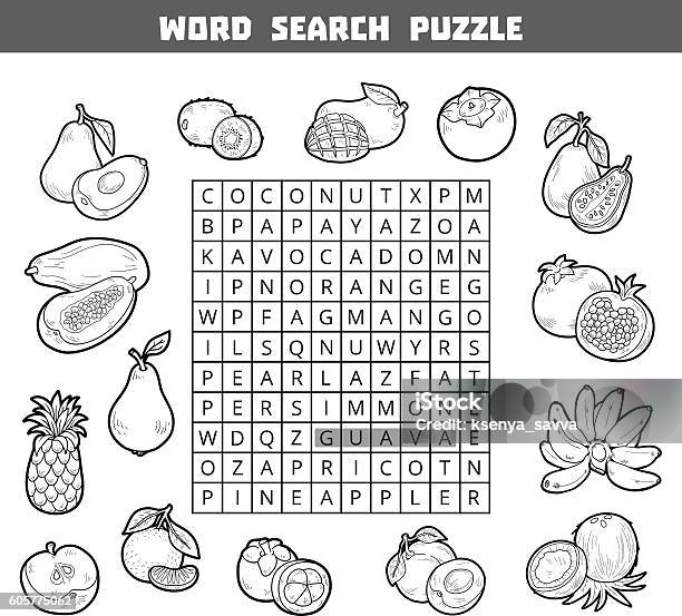 Vector colorless crossword about fruits word search puzzle stock illustration