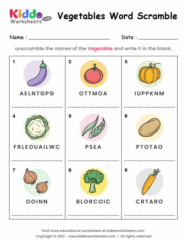 Free printable word scramble vegetables worksheet