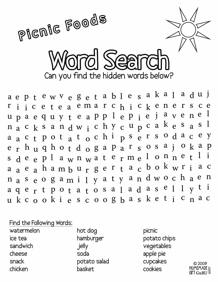 Free printable word search picnic foods