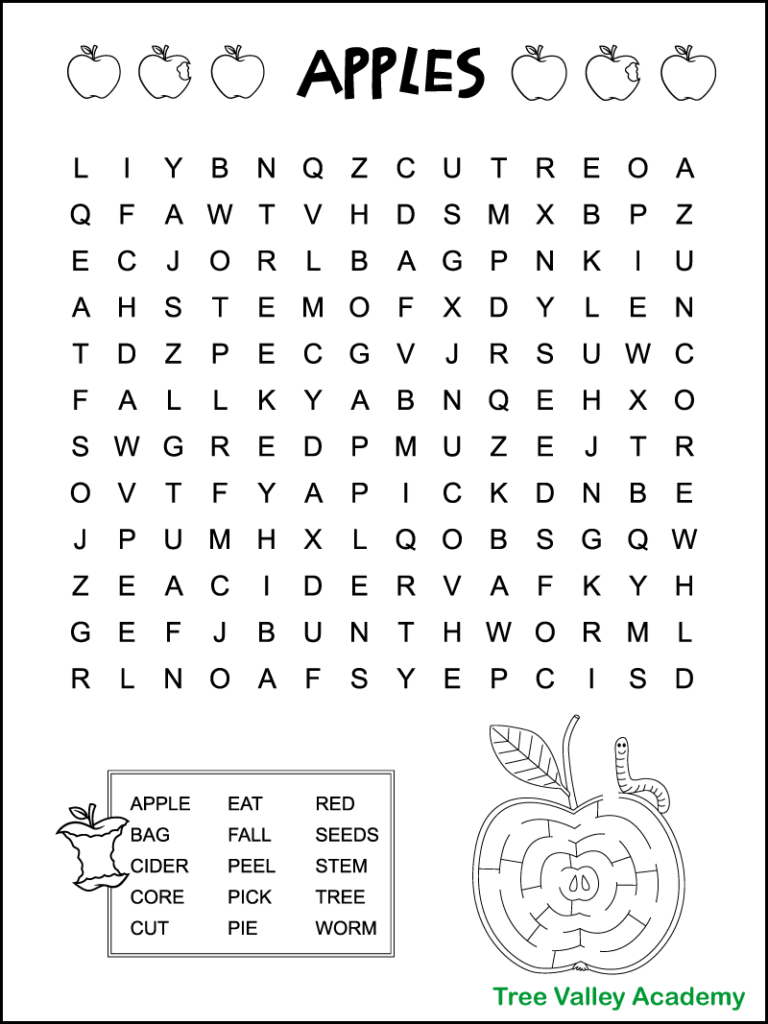 Easy apple word search for kids