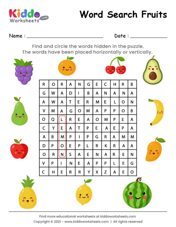 Free printable word search fruits worksheet