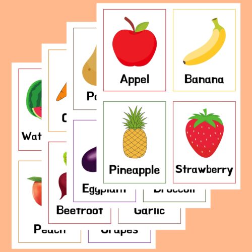 Printable fruits and vegetables flashcards with names for preschoolers