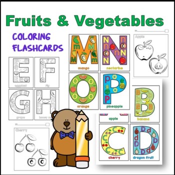 Fruits and vegetables coloring pages with letter alphabet flashcards art skills