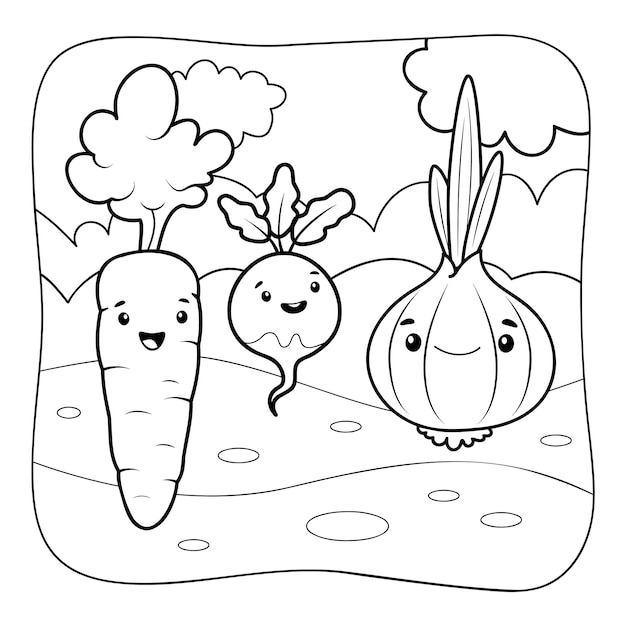 Premium vector vegetables black and white coloring book or coloring page for kids nature background