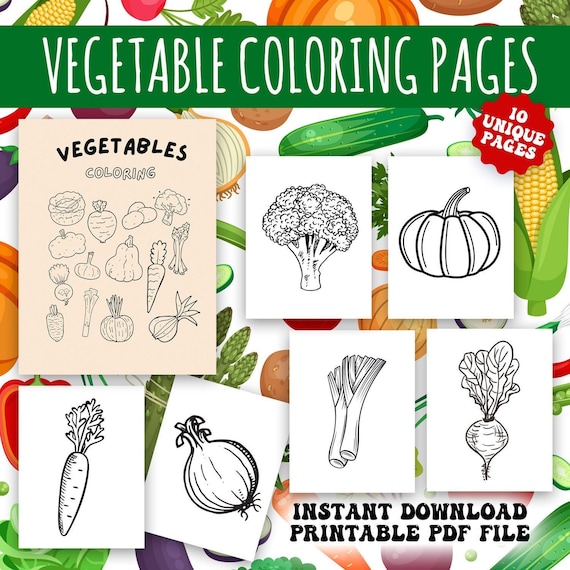 Printable vegetable coloring pages instant download coloring download kids coloring book classroom activity homeschool activity