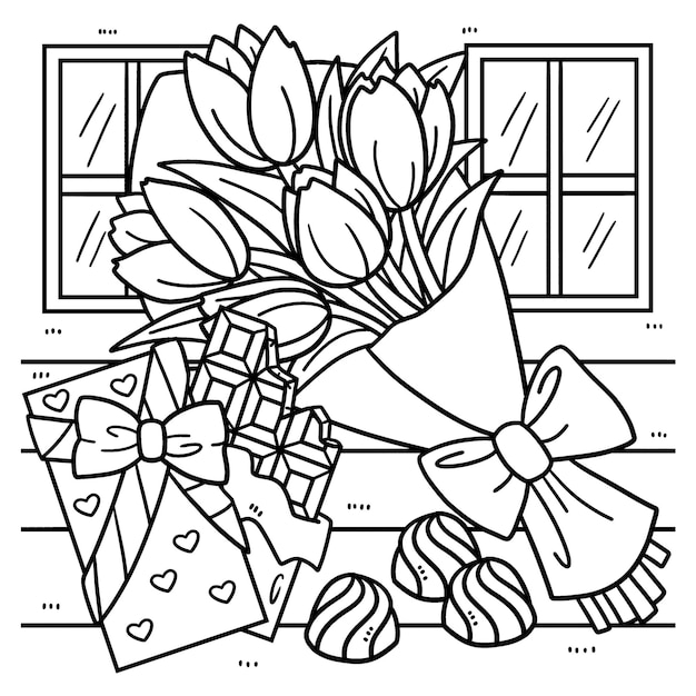 Premium vector bouquet and chocolates valentines day coloring