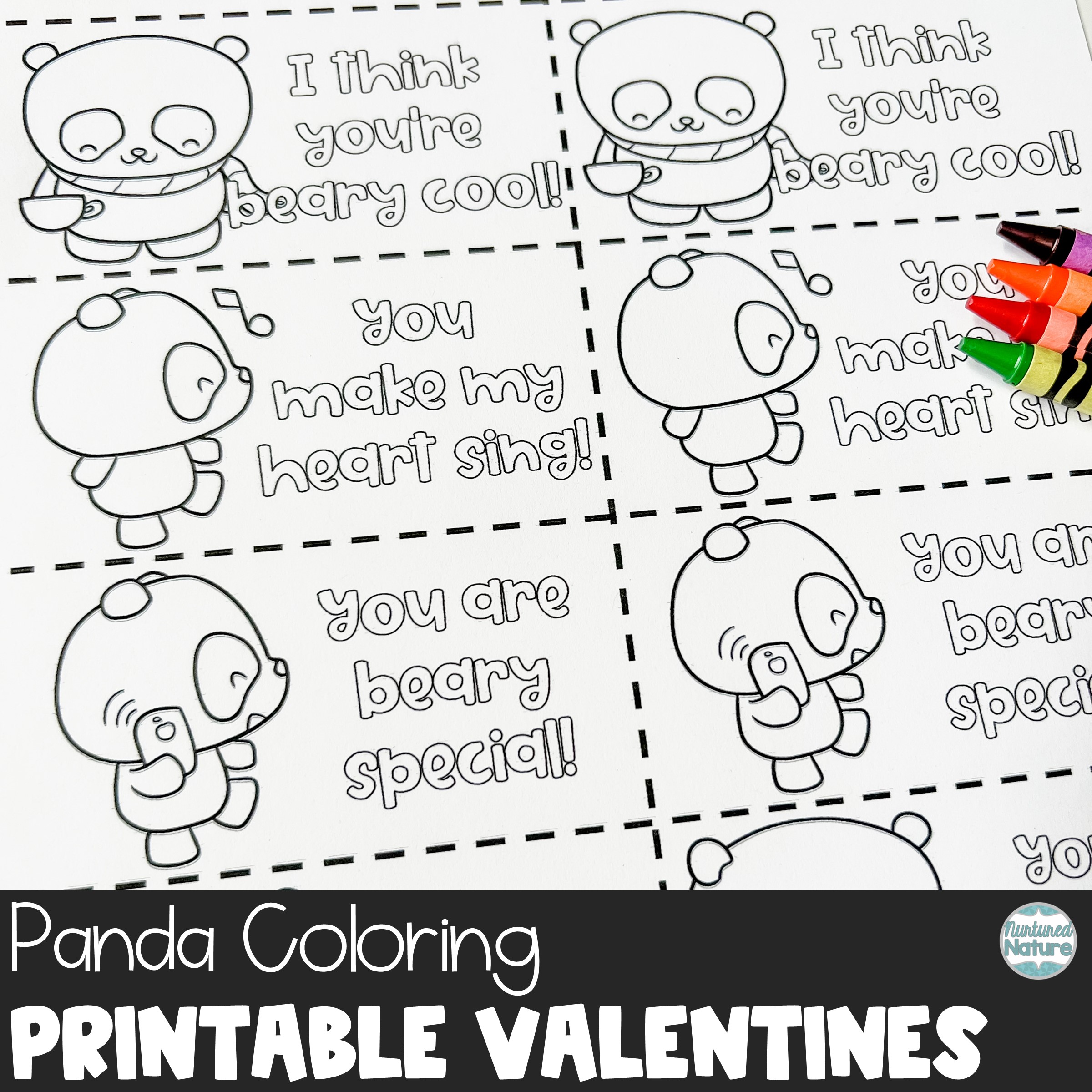 Panda bear coloring valentines day cards printable made by teachers