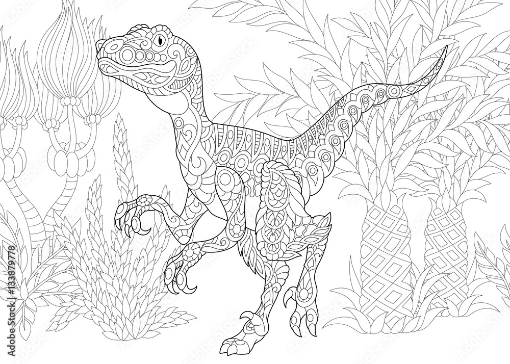 Stylized velociraptor dinosaur of the late cretaceous period freehand sketch for adult anti stress coloring book page with doodle and zentangle elements vector