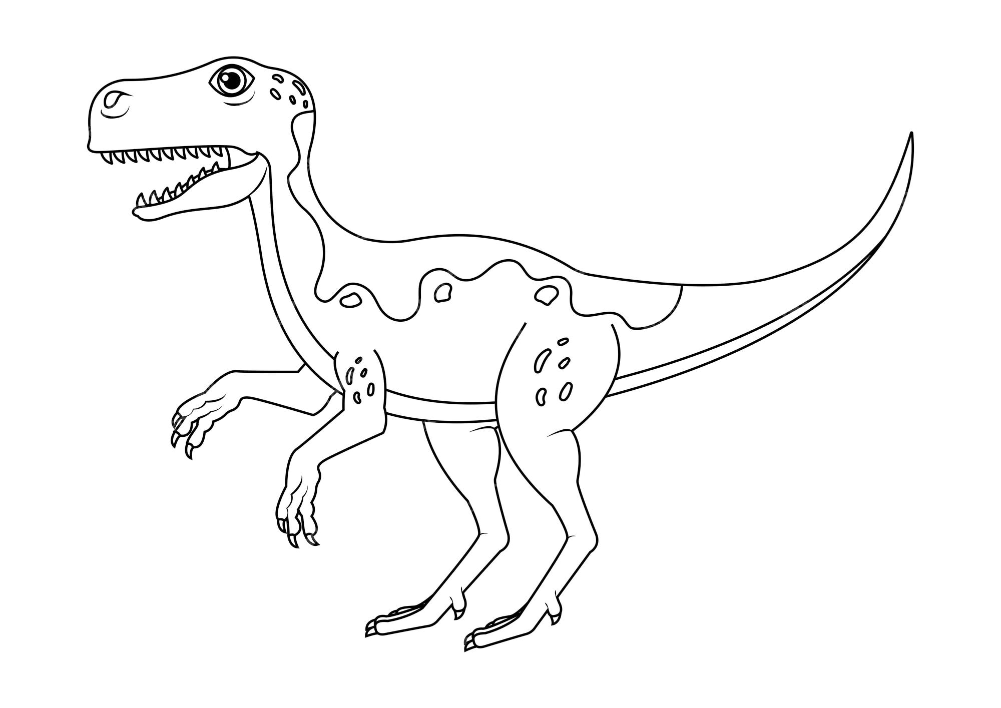 Premium vector black and white raptor dinosaur cartoon character vector coloring page of a raptor dinosaur