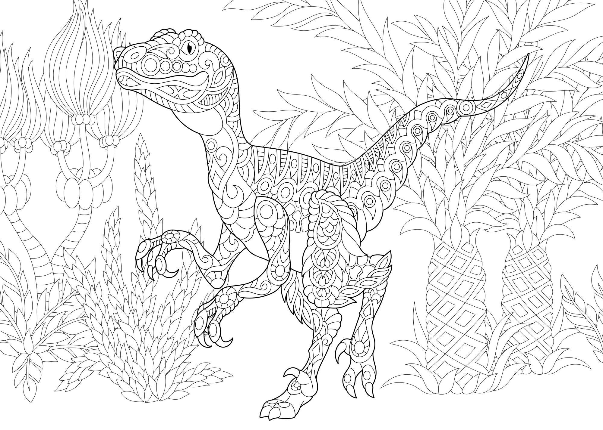 Premium vector velociraptor zentangle colouring illustration line art design for adult coloring book page