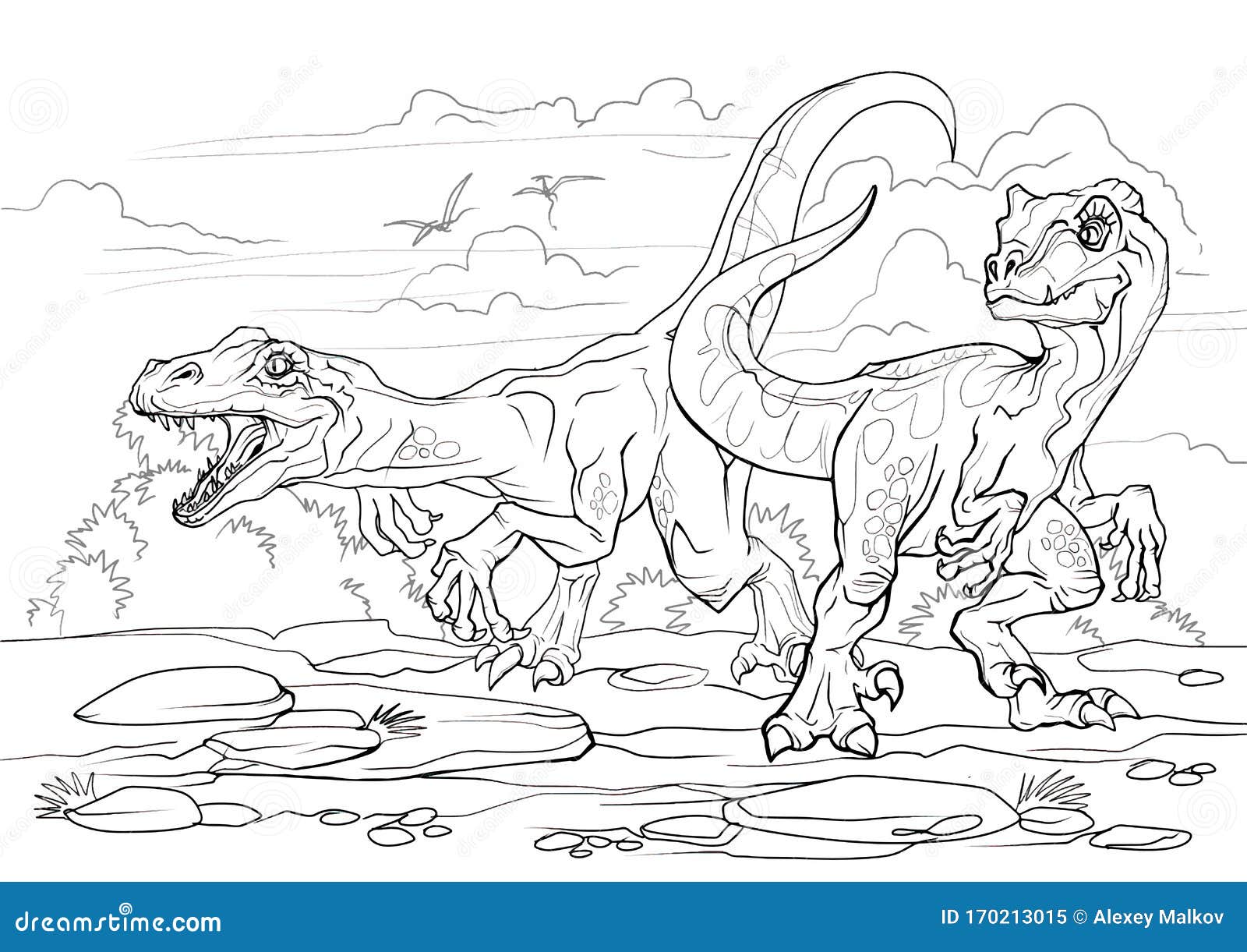 Velociraptor dinosaur coloring page for children and adults hand drawn illustration a size stock vector