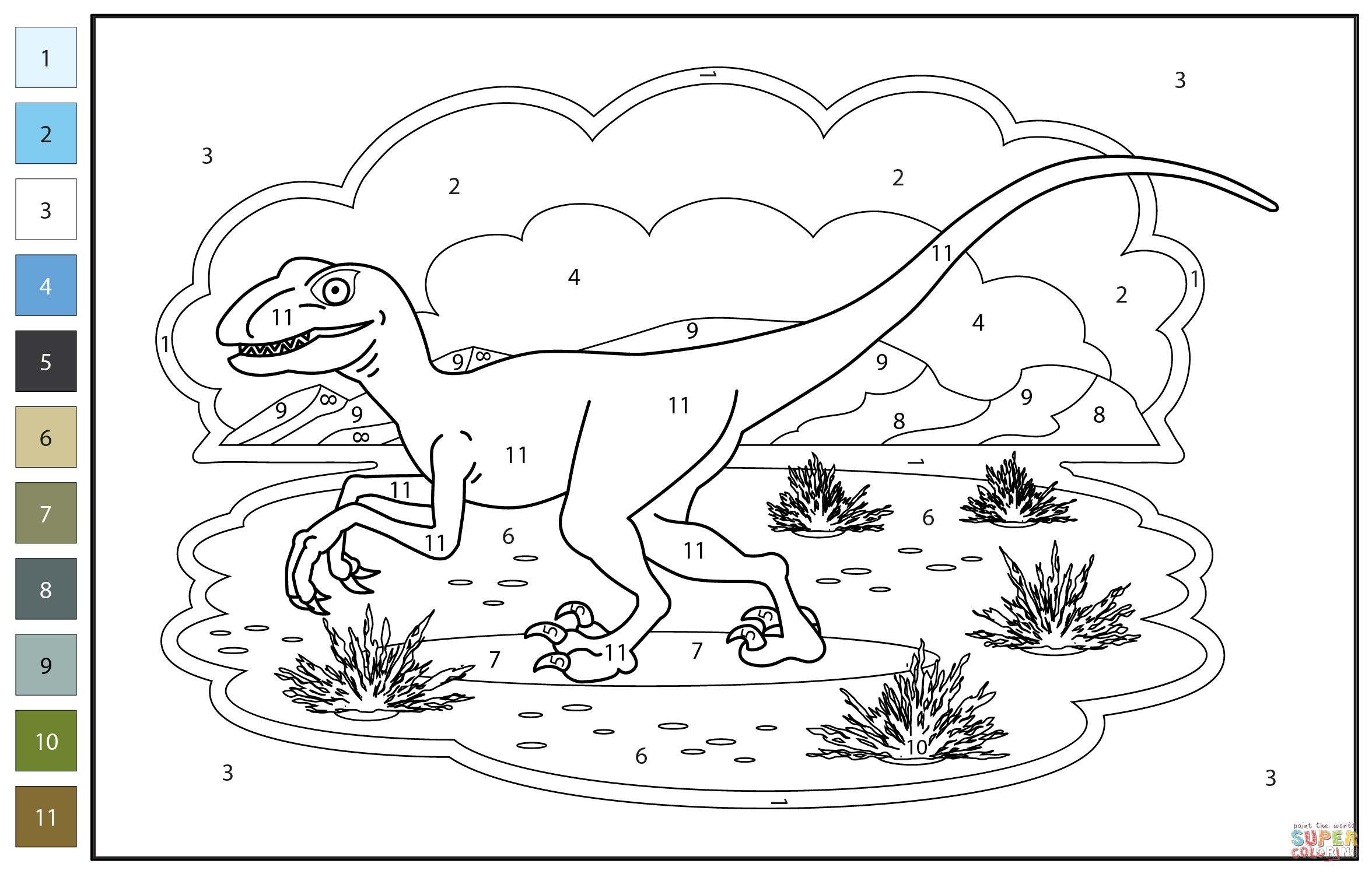 Velociraptor color by number coloring page free printable coloring pages