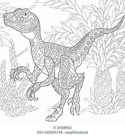 Coloring page of velociraptor dinosaur of the late cretaceous period foto de stock vector low budget royalty free pic y