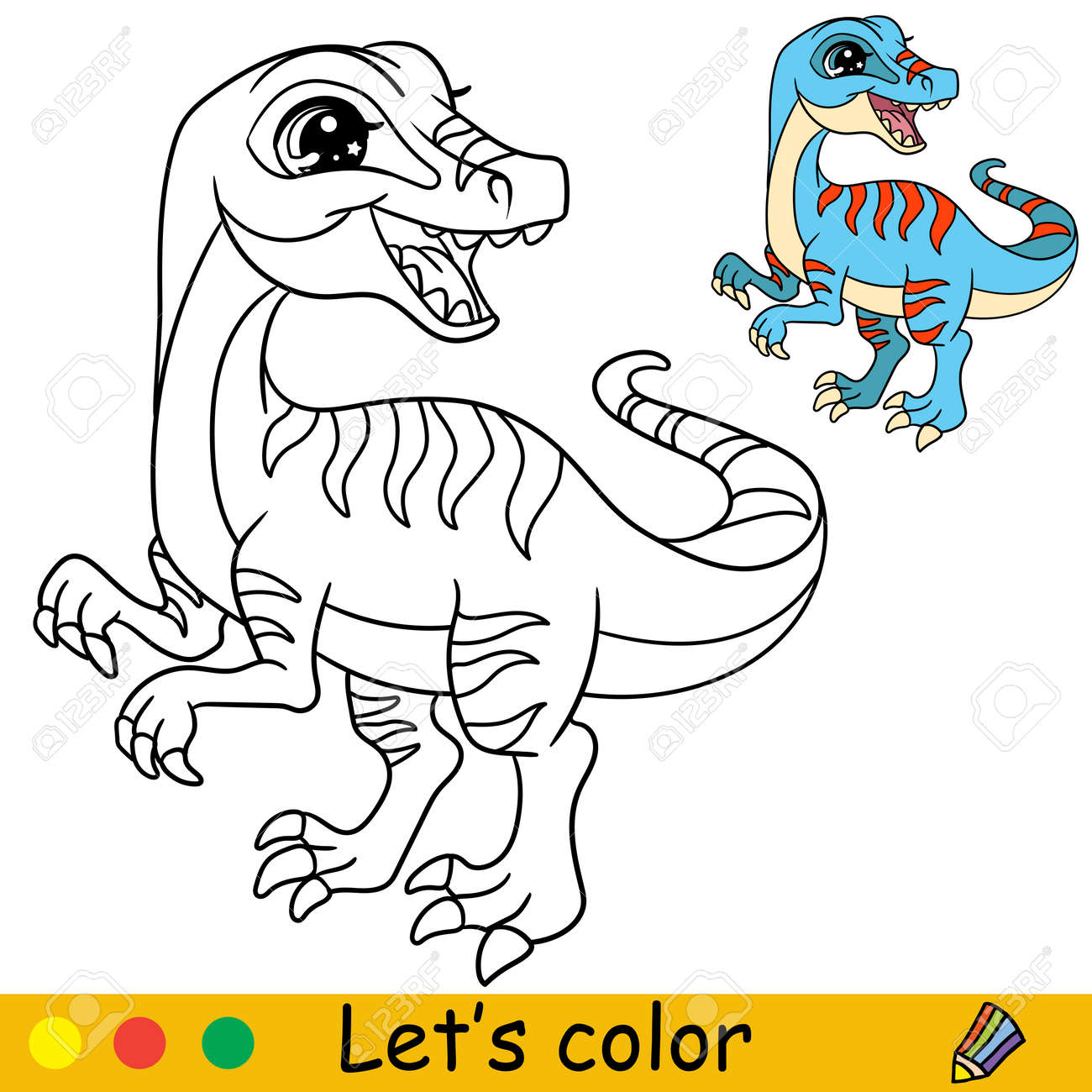 Cartoon cute funny dinosaur velociraptor coloring book page with colorful template for kids vector isolated illustration for coloring book print game party design royalty free svg cliparts vectors and stock illustration image