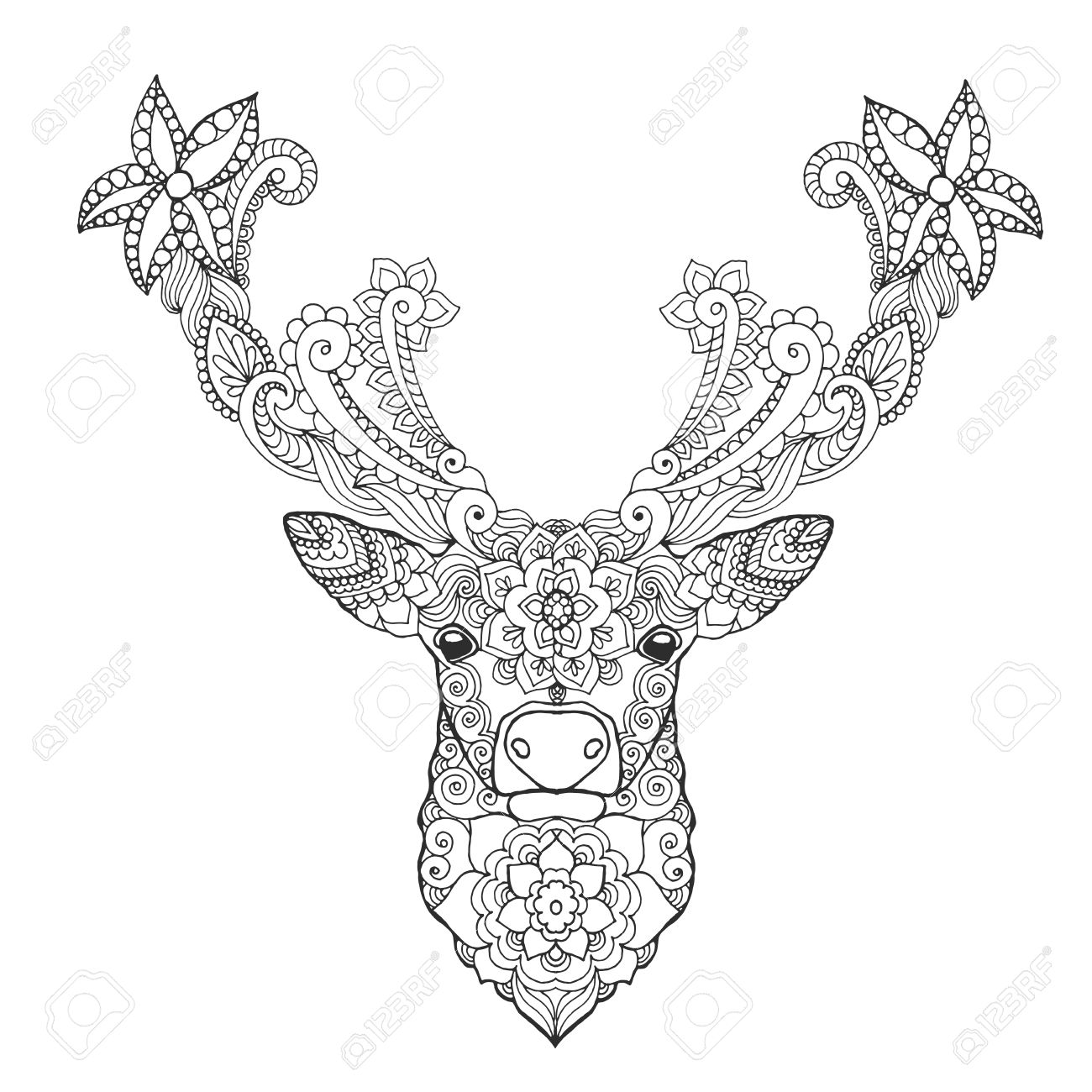 Deer head black white hand drawn doodle animal ethnic patterned vector illustration african indian totem tribal sketch for coloring page tattoo poster print t