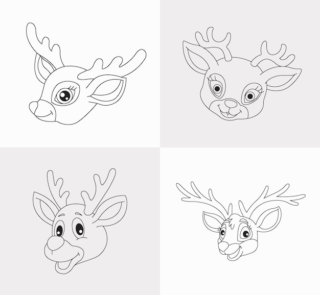 Premium vector a set of deer head coloring book for kids antistress hand drawn zentangle deer vector illustration