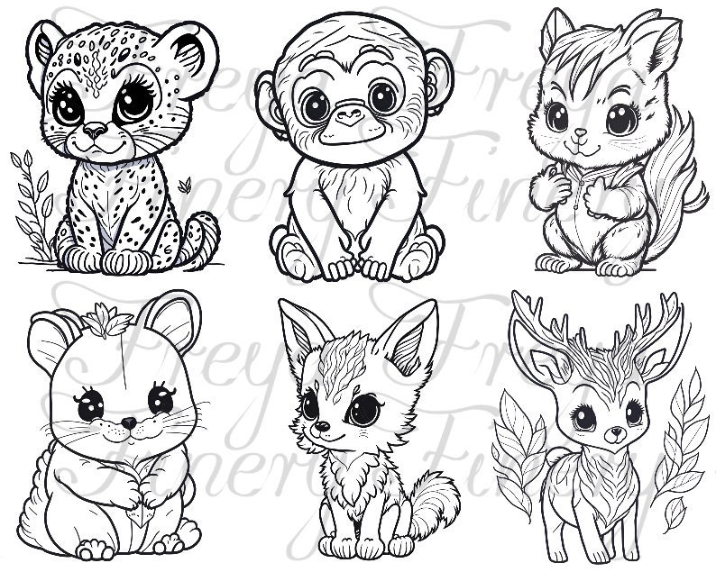 Cute baby animal coloring page book adults kids instant download grayscale coloring page animal coloring book printable pdf fox bear