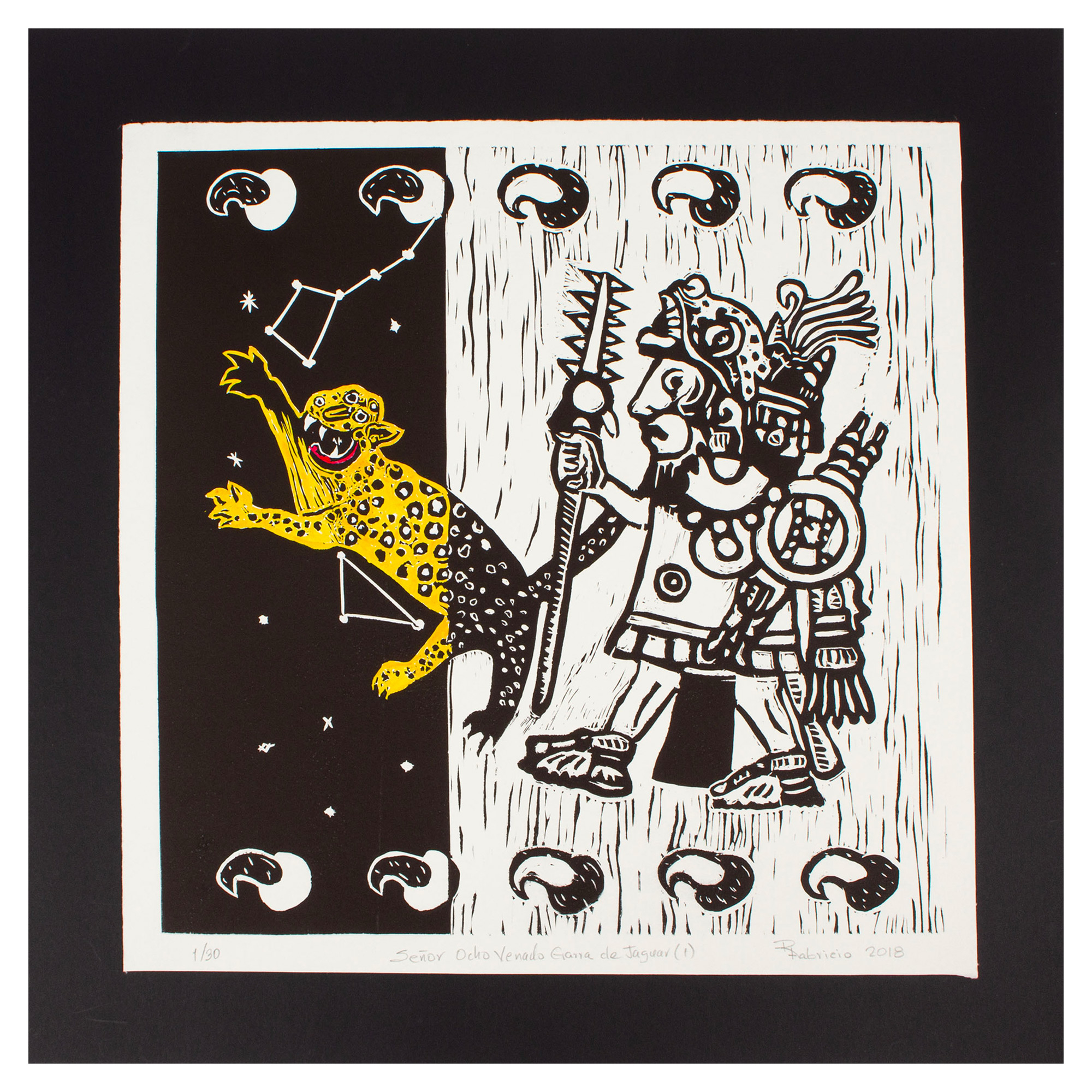 Signed lino print of mixtec ruler