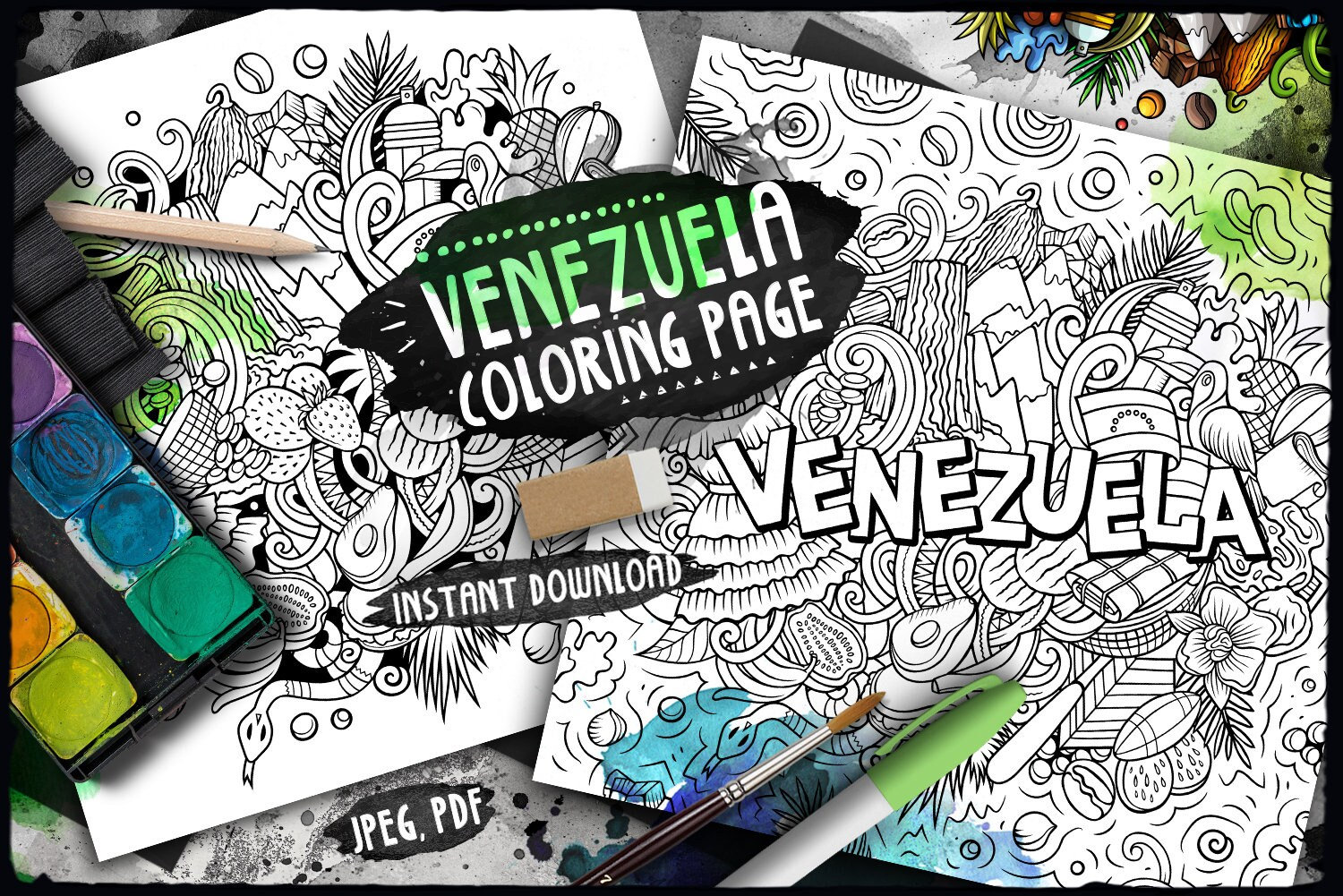 Venezuela digital coloring page latino adult coloring latin american country doodle illustration venezuelan printable coloring sheet